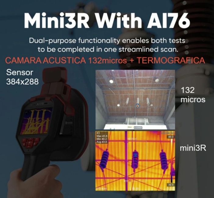 Visualización combinada térmica y acústica con la HIKMICRO Mini3R junto a la cámara AI76, mostrando detección avanzada de fallos eléctricos, fugas y anomalías mecánicas en entornos industriales. Disponible a través de Gimatec, distribuidor especializado en instrumentación termográfica profesional.