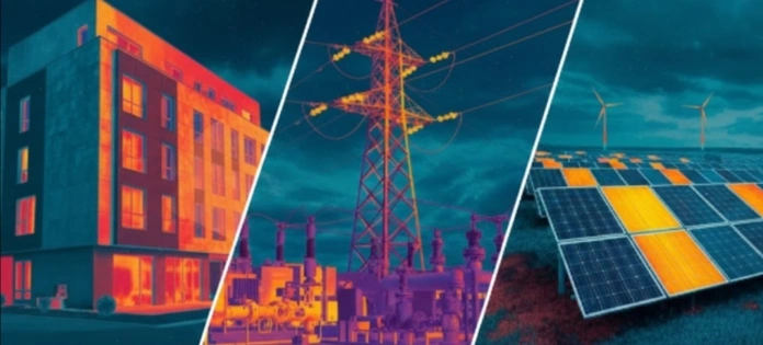 Imagen térmica compuesta que ilustra el uso de cámaras termográficas en edificación, redes de suministro eléctrico y energías renovables, destacando la detección de pérdidas térmicas y anomalías en diferentes sectores industriales.