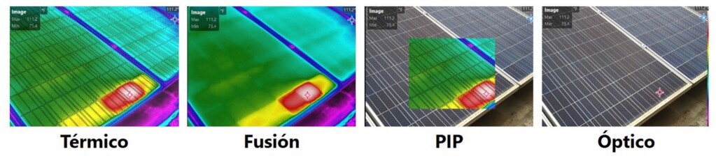 Comparativa de modos Térmico, Fusión, PIP y Óptico en la cámara HIKMICRO M20W gran angular para auditorías energéticas, disponible en Gimatec