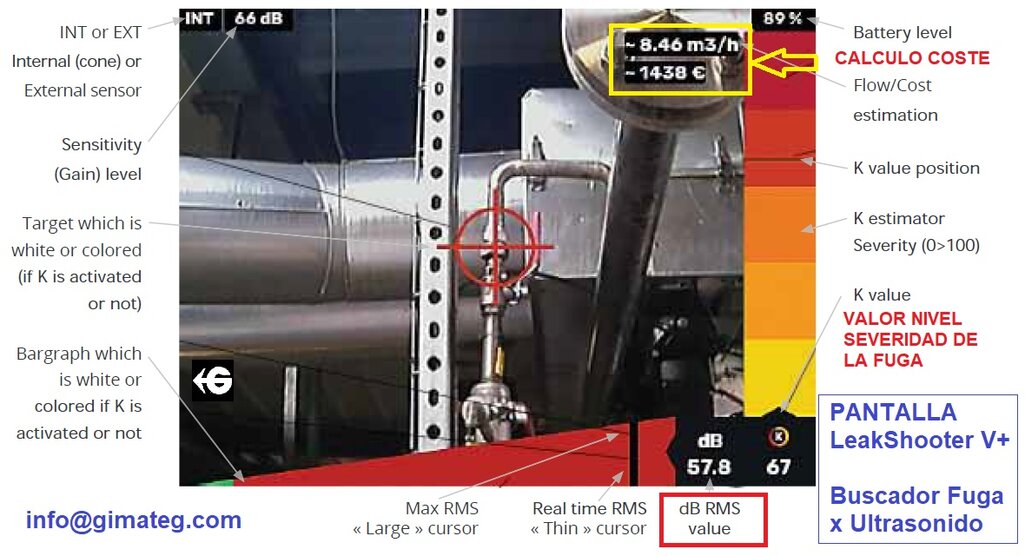 pantalla busca fugas por ultrasonido con calculo coste y foto leakshooter