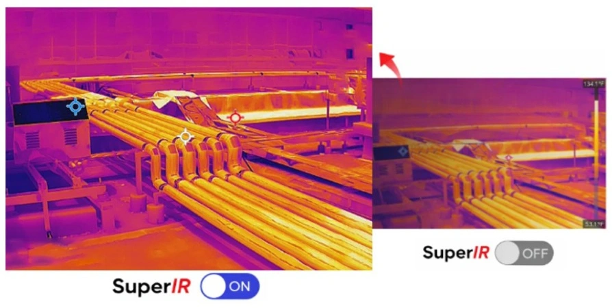 Comparativa térmica con SuperIR ON/OFF en la HIKMICRO M20W para auditorías energéticas e inspección de edificios, disponible en Gimatec