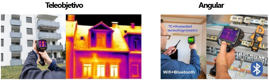 Cámara termográfica Testo 883 con objetivo gran angular para inspecciones de edificios y teleobjetivo para mediciones precisas a larga distancia en mantenimiento profesional