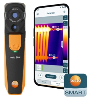 Cámara termográfica Testo 860i para smartphones con resolución 256x192, cálculo DeltaHeat y DeltaCool, detección de riesgo de condensación y uso con App Testo Smart