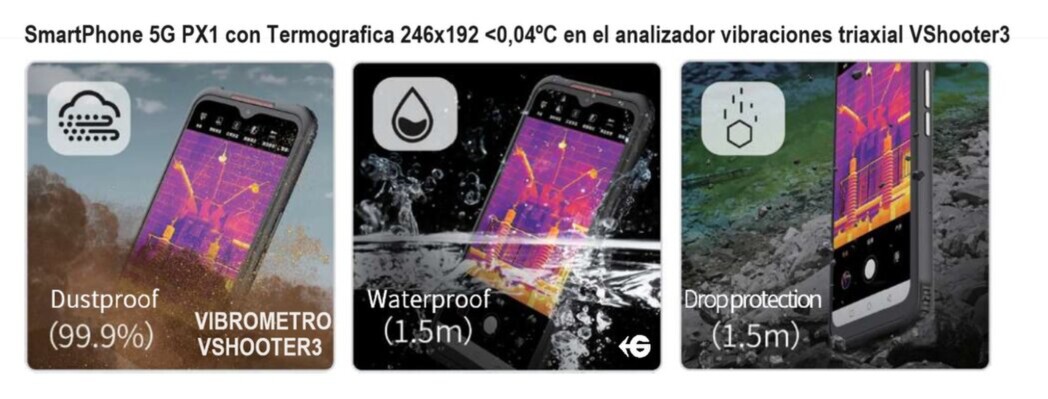 Telefono+termografica vibrometro triaxial foto maquina y color ISO 10816 VSHOOTER3IR GimateG