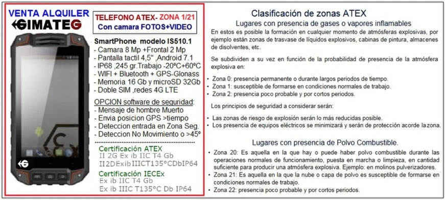 Imagen informativa de smartphone industrial ATEX Zona 1/21 con certificaciones ATEX e IECEx, cámara integrada y funciones de seguridad para uso profesional en entornos con gases o polvo combustible, disponible a través de Gimatec.